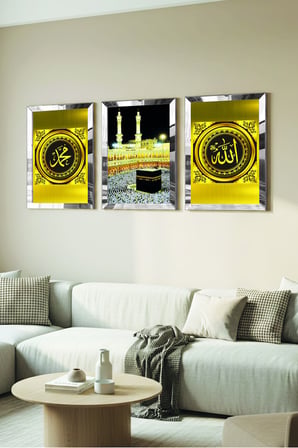 Gümüş Aynalı Pleksi Çerçeveli Kabe Ve Allah Muhammed Lafzı Dini Üçlü Mdf Tablo Seti
