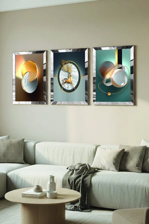 Gümüş Aynalı Pleksi Çerçeveli Minimalist Üçlü Soyut Desen Üçlü Mdf Tablo Seti