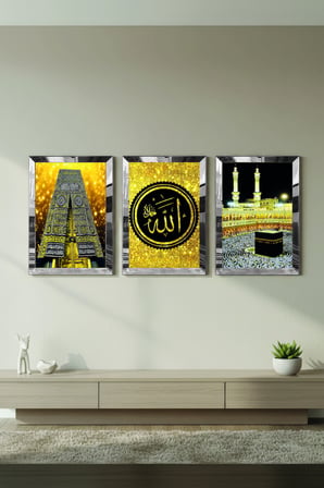 Gümüş Aynalı Pleksi Çerçeveli Kabe Ve Allah Lafzı Üçlü Mdf Tablo Seti