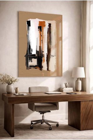 Kremit Tonlu Fırça Darbeli Minimalist Soyut Dekoratif Temperli Cam Tablo- İş , Ev Ve Okul Tablosu