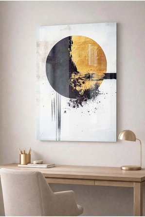 Siyah ve Gold Dairesel Soyut Modern Dekoratif Temperli Cam Tablo - İş , Ev Ve Okul Tablosu