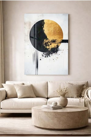 Siyah ve Gold Dairesel Soyut Modern Dekoratif Temperli Cam Tablo - İş , Ev Ve Okul Tablosu