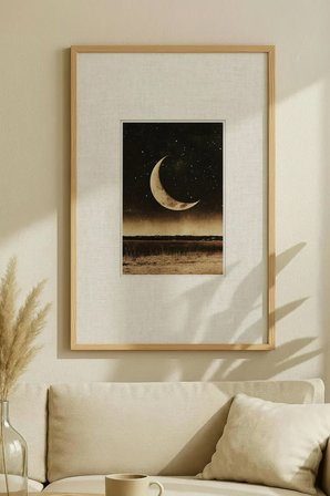 1 ADET DOĞAL AHŞAP ÇERÇEVELİ HİLAL GECE VİNTAGE TABLO