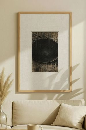 1 ADET DOĞAL AHŞAP ÇERÇEVELİ SOYUT SİYAH DAİRE VİNTAGE TABLO