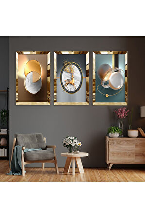 Geyik Soyut Desen Gold Pleksi Kenar Üçlü Mdf Tablo Seti