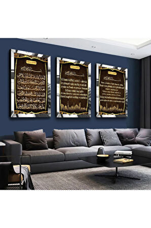 Gold Aynalı Pleksi Çerçeveli Fatiha Süresi Üçlü Mdf Tablo Seti