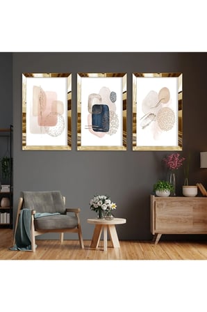 Soyut Desen Taş Gold Pleksi Kenar Üçlü Mdf Tablo Seti