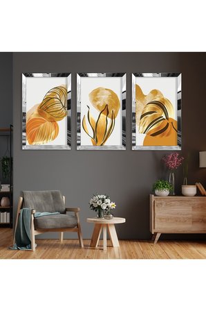 Soyut Desen Bitki Gold Pleksi Kenar Üçlü Mdf Tablo Seti