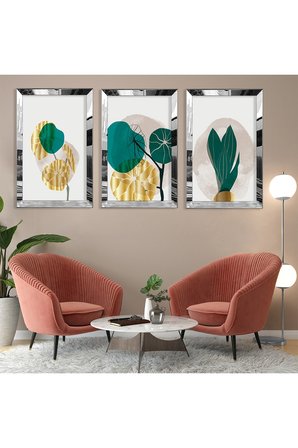 Soyut Desen Bitki Gold Pleksi Kenar Üçlü Mdf Tablo Seti