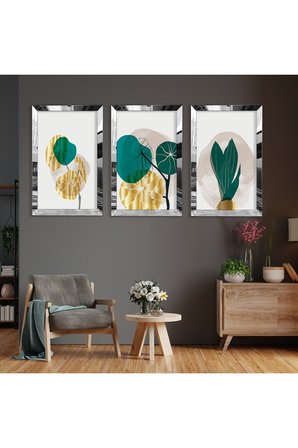 Soyut Desen Bitki Gold Pleksi Kenar Üçlü Mdf Tablo Seti