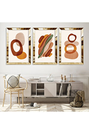 Minimalist Soyut Desen Gold Pleksi Kenar Üçlü Mdf Tablo Seti