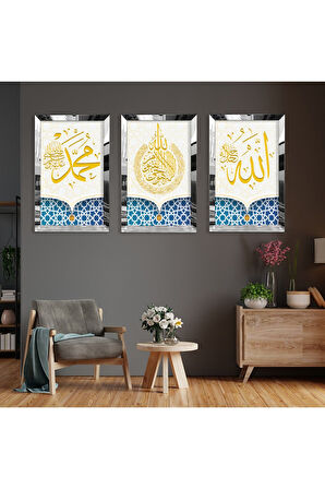 Gold Aynalı Pleksi Çerçeveli Allah Ve Hz Muhammed Lafzı Dini Üçlü Mdf Tablo Seti