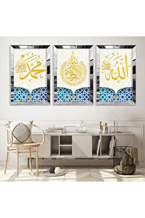 Gold Aynalı Pleksi Çerçeveli Allah Ve Hz Muhammed Lafzı Dini Üçlü Mdf Tablo Seti