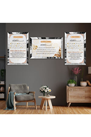 Gold Aynalı Pleksi Çerçeveli Felak Nas Ve Ayetel Kürsi Dini Üçlü Mdf Tablo Seti