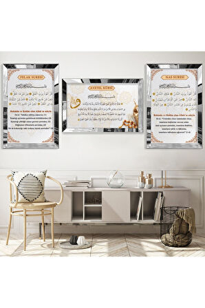 Gold Aynalı Pleksi Çerçeveli Felak Nas Ve Ayetel Kürsi Dini Üçlü Mdf Tablo Seti