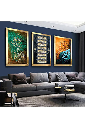 Gümüş Aynalı Pleksi Çerçeveli Dini Ayet Gümüş Üçlü Mdf Tablo Seti