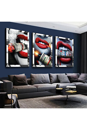 Gümüş Aynalı Pleksi Çerçeveli Allah Lafzı Gümüş Üçlü Mdf Tablo Seti