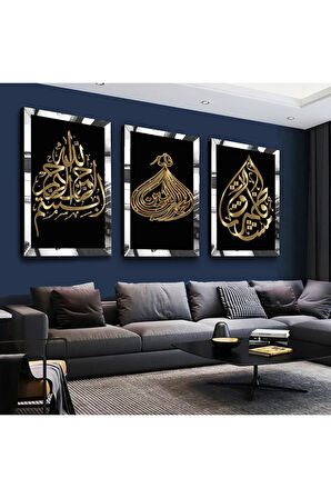 Gold Aynalı Pleksi Çerçeveli Allah Muhammed Lafzı Dini Üçlü Mdf Tablo Seti