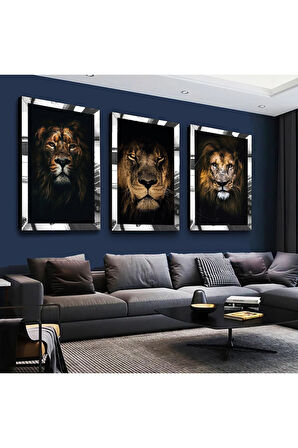 Gümüş Aynalı Pleksi Çerçeveli Ormanlar Kralı Aslan Gümüş Üçlü Mdf Tablo Seti