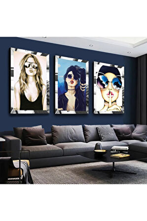 Gümüş Aynalı Pleksi Çerçeveli Gözlüklü Kadın Çizim Gümüş Üçlü Mdf Tablo Seti