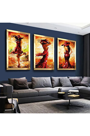 Gümüş Aynalı Pleksi Çerçeveli Kolaj Çizim Genç Kadın Gümüş Üçlü Mdf Tablo Seti