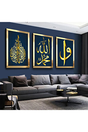 Gümüş Aynalı Pleksi Çerçeveli Allah Muhammed Lafzı Gümüş Üçlü Mdf Tablo Seti