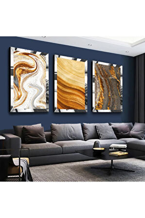 Gold Aynalı Pleksi Çerçeveli Sarı Renk Modern Üçlü Mdf Tablo Seti