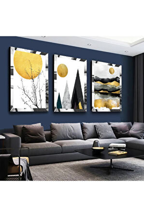 Gümüş Aynalı Pleksi Çerçeveli Kolaj Çizim Güneş Ve Dağ Gümüş Üçlü Mdf Tablo Seti