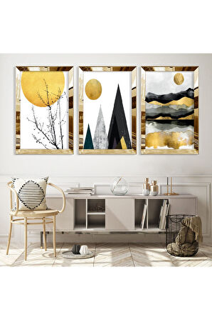 Gümüş Aynalı Pleksi Çerçeveli Kolaj Çizim Güneş Ve Dağ Gümüş Üçlü Mdf Tablo Seti