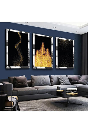 Gümüş Aynalı Pleksi Çerçeveli Altın Sarı Ağaçlar Gümüş Üçlü Mdf Tablo Seti