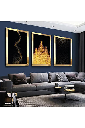 Gümüş Aynalı Pleksi Çerçeveli Altın Sarı Ağaçlar Gümüş Üçlü Mdf Tablo Seti
