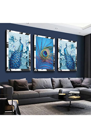 Gold Aynalı Pleksi Çerçeveli Mavi Tavus Kuşu Üçlü Mdf Tablo Seti
