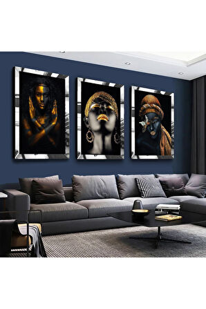 Gold Aynalı Pleksi Çerçeveli Siyahi Kadın Üçlü Mdf Tablo Seti