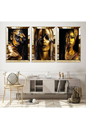 Gold Aynalı Pleksi Çerçeveli Altın Kız Üçlü Mdf Tablo Seti