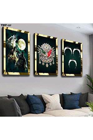 Gold Aynalı Pleksi Çerçevel Bozkurt Ve 3hilal Üçlü Mdf Tablo Seti