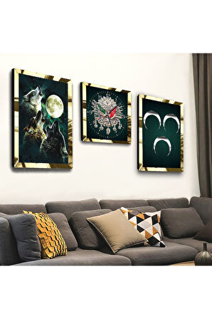 Gold Aynalı Pleksi Çerçevel Bozkurt Ve 3hilal Üçlü Mdf Tablo Seti