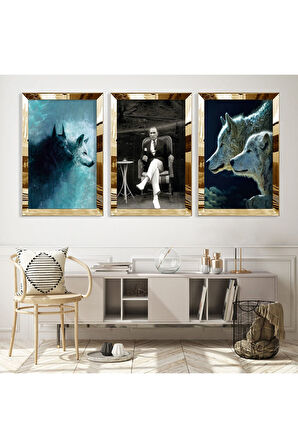 Gold Aynalı Pleksi Çerçeveli Bozkurt Üçlü Mdf Tablo Seti