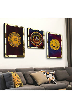 Gold Aynalı Pleksi Çerçeveli Allah Lafzı Dini Üçlü Mdf Tablo Seti