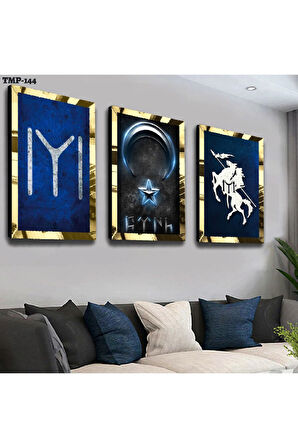 Gold Aynalı Pleksi Çerçeveli Kayı Boyu Üçlü Mdf Tablo Seti