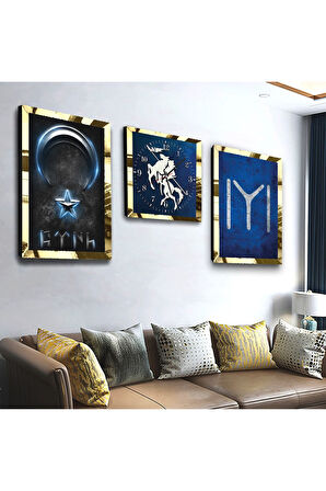 Gold Aynalı Pleksi Çerçeveli Kayı Boyu Üçlü Mdf Tablo Seti