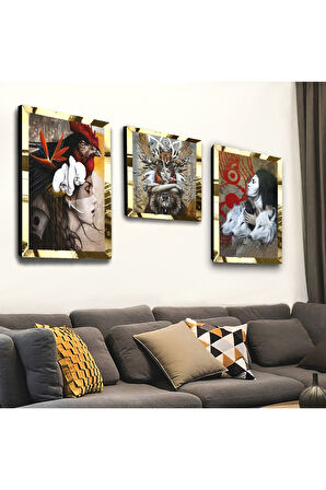 Gold Aynalı Pleksi Çerçeveli Hayvanlar Alemi Üçlü Mdf Tablo Seti