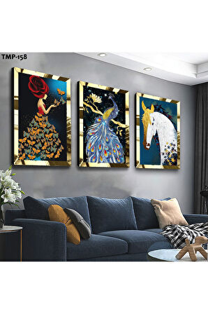 Gümüş Aynalı Pleksi Çerçeveli Hayvan Figürlü Üçlü Mdf Tablo Seti