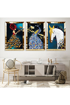 Gümüş Aynalı Pleksi Çerçeveli Hayvan Figürlü Üçlü Mdf Tablo Seti