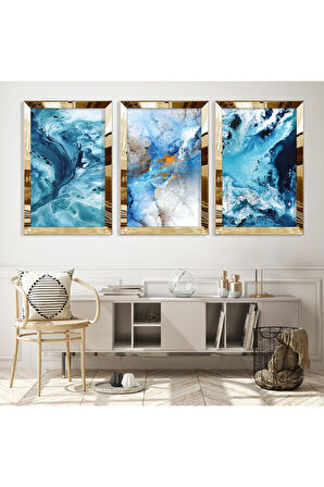 Gold Aynalı Pleksi Çerçeveli Mavi Renkli Üçlü Mdf Tablo Seti