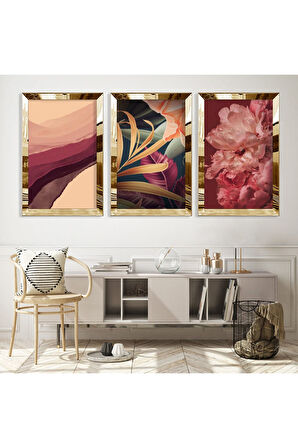 Gold Aynalı Pleksi Çerçeveli Renk Çiçek Üçlü Mdf Tablo Seti