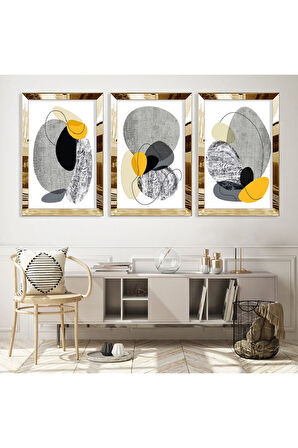 Gold Aynalı Pleksi Çerçeveli Kolaj Çizim Üçlü Mdf Tablo Seti