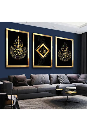 Gold Aynalı Pleksi Çerçeveli Allah Lafzı Üçlü Mdf Tablo Seti