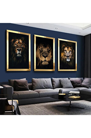 Gümüş Aynalı Pleksi Çerçeveli Ormanlar Kralı Aslan Gümüş Üçlü Mdf Tablo Seti