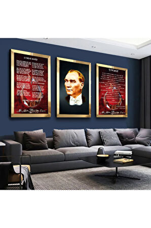 Gold Aynalı Pleksi Çerçeveli Atatürk Istiklal Marşı Ve Gençliğe Hitabe Üçlü Mdf Tablo Seti
