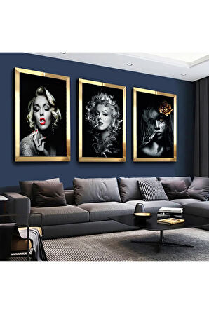 Gümüş Aynalı Pleksi Çerçeveli Marilyn Monroe Gümüş Üçlü Mdf Tablo Seti
